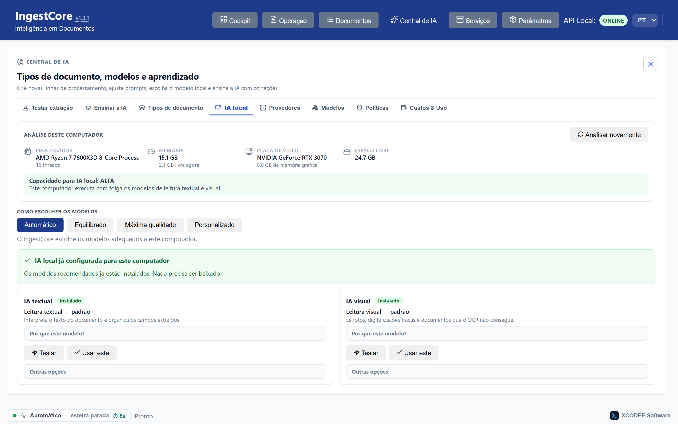 IA local: análise do computador e modelos recomendados para ele.