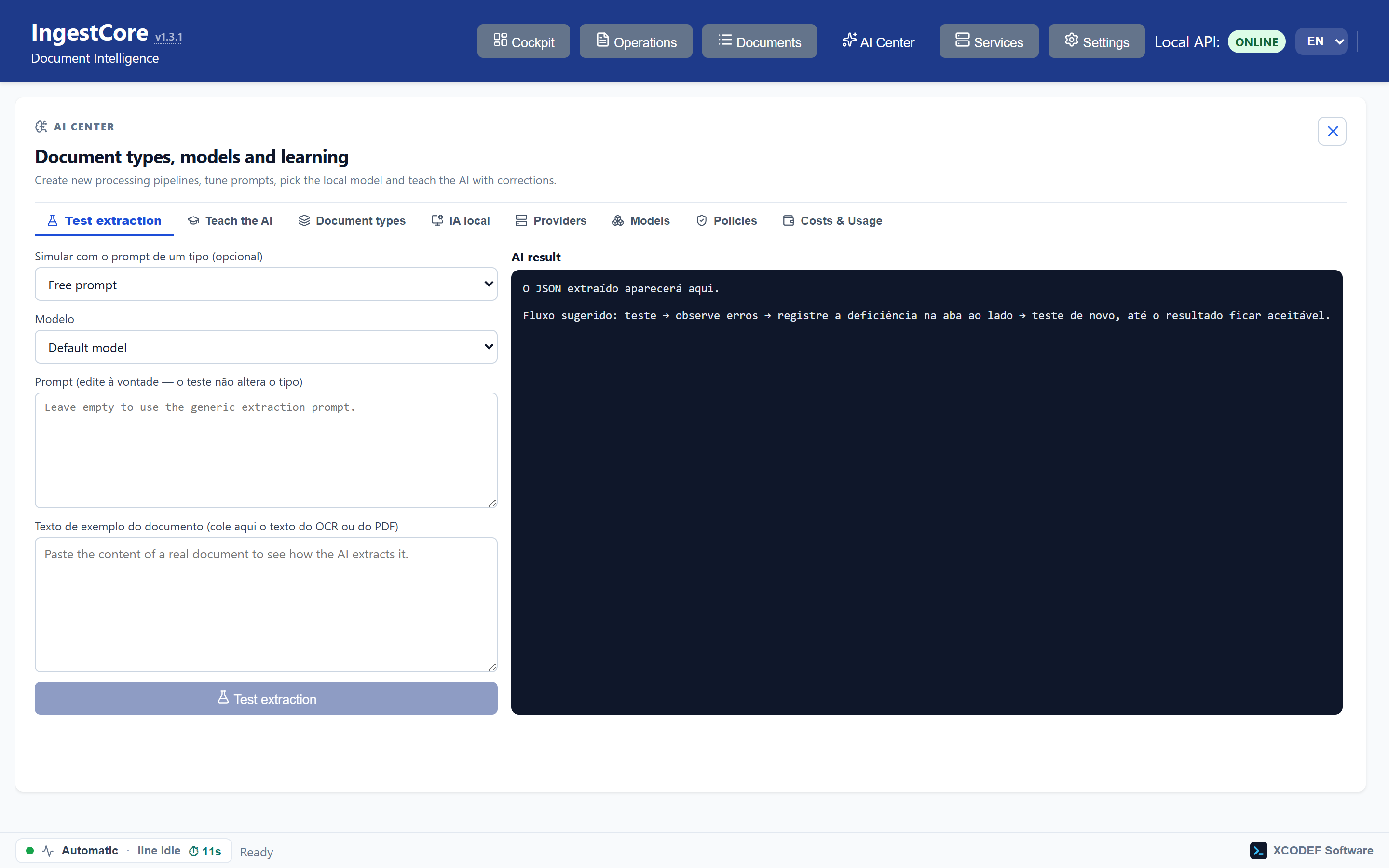 Test bench: paste a text, adjust the prompt and see the JSON that would come out.