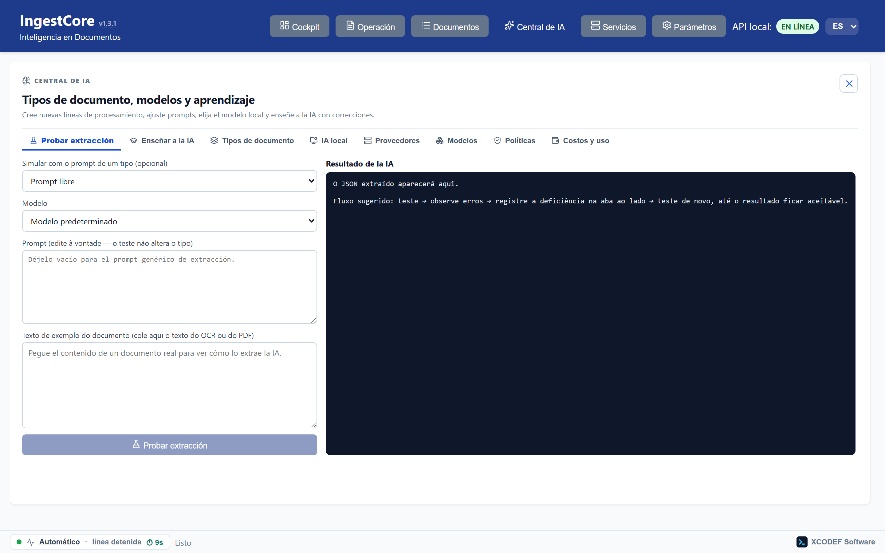 Banco de pruebas: pegue un texto, ajuste el prompt y vea el JSON que saldría.