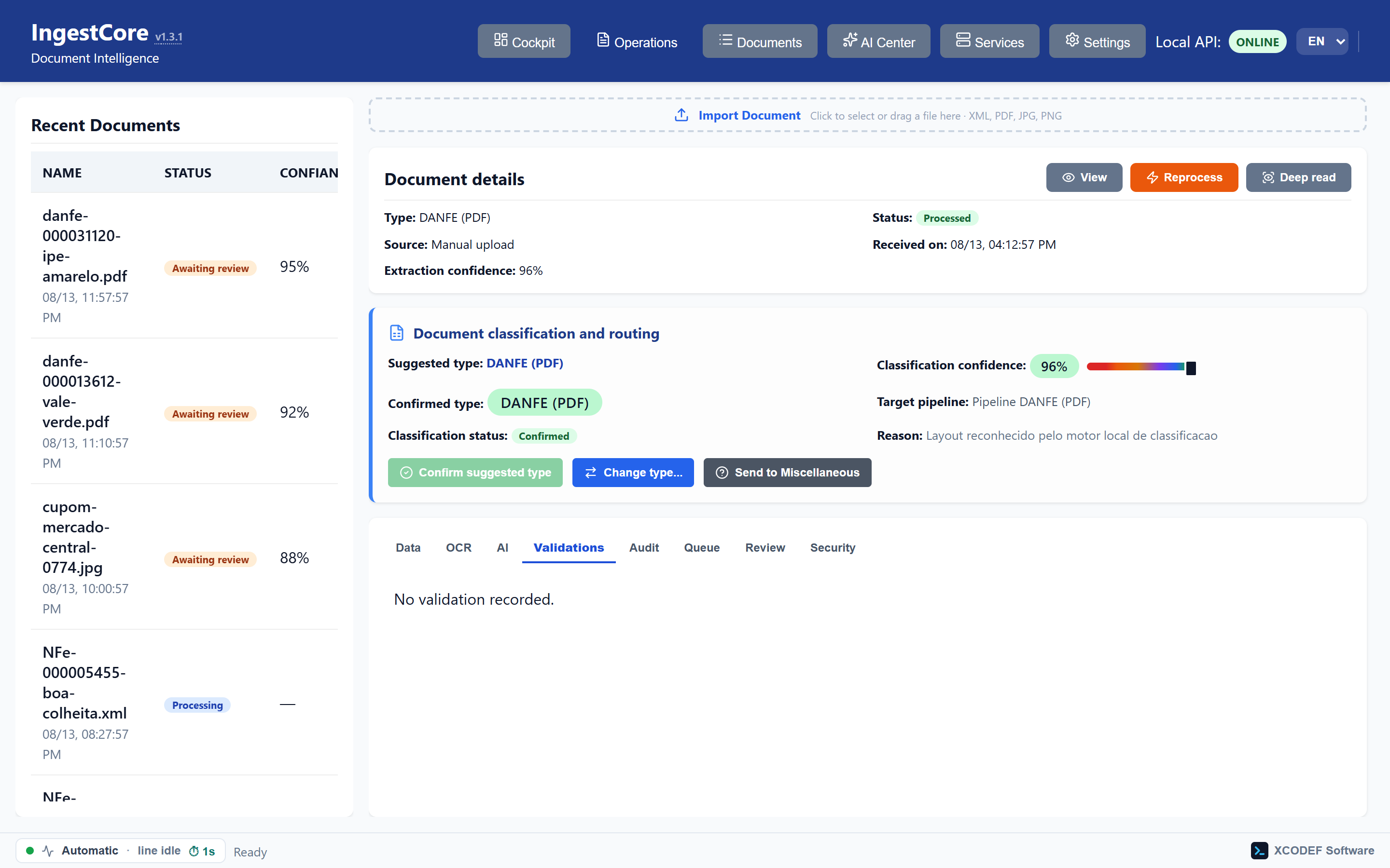 Automatic checks: line items against the total, required fields, well-formed tax IDs.