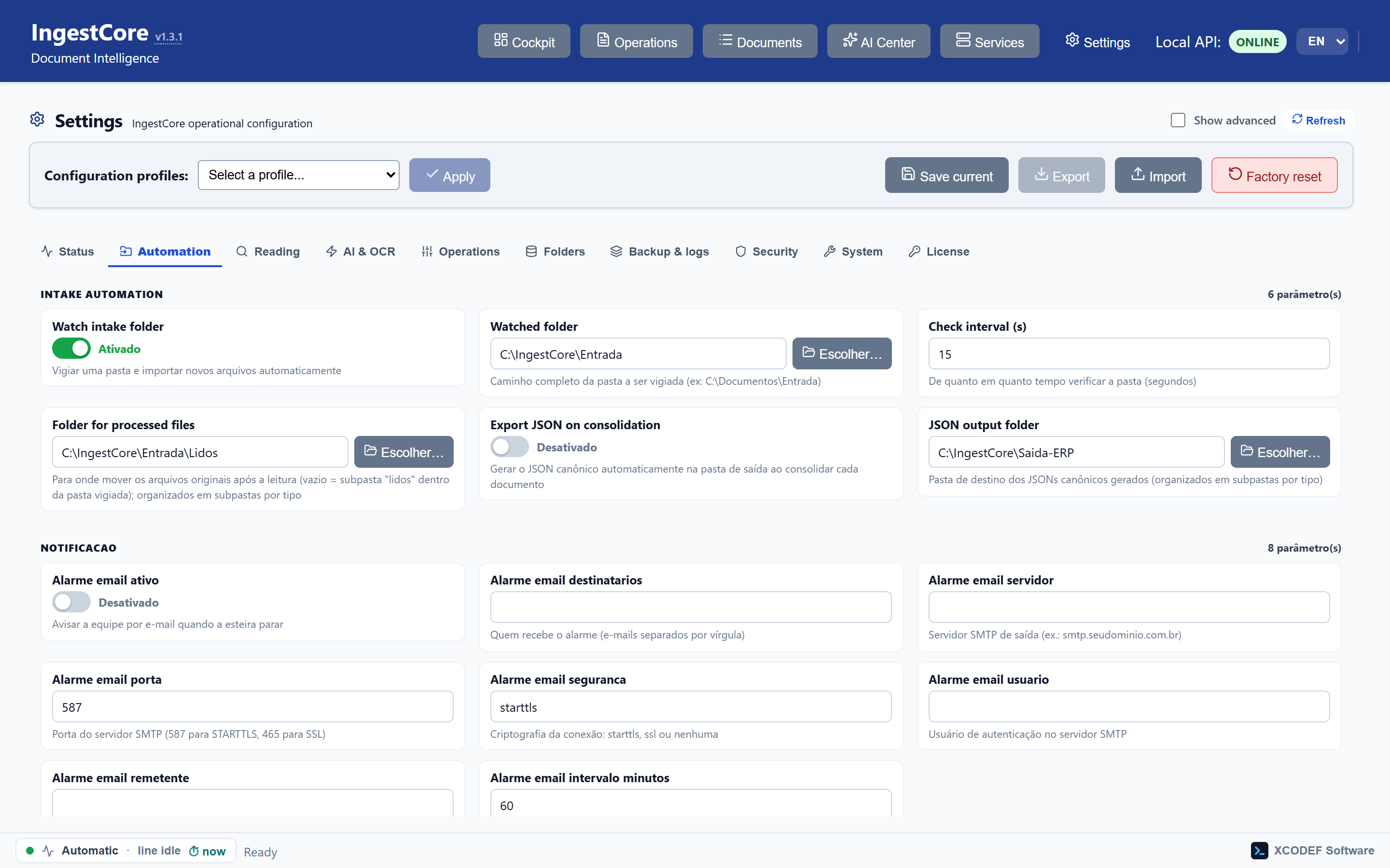 Input automation: the watched folder, where read files go and the check interval.