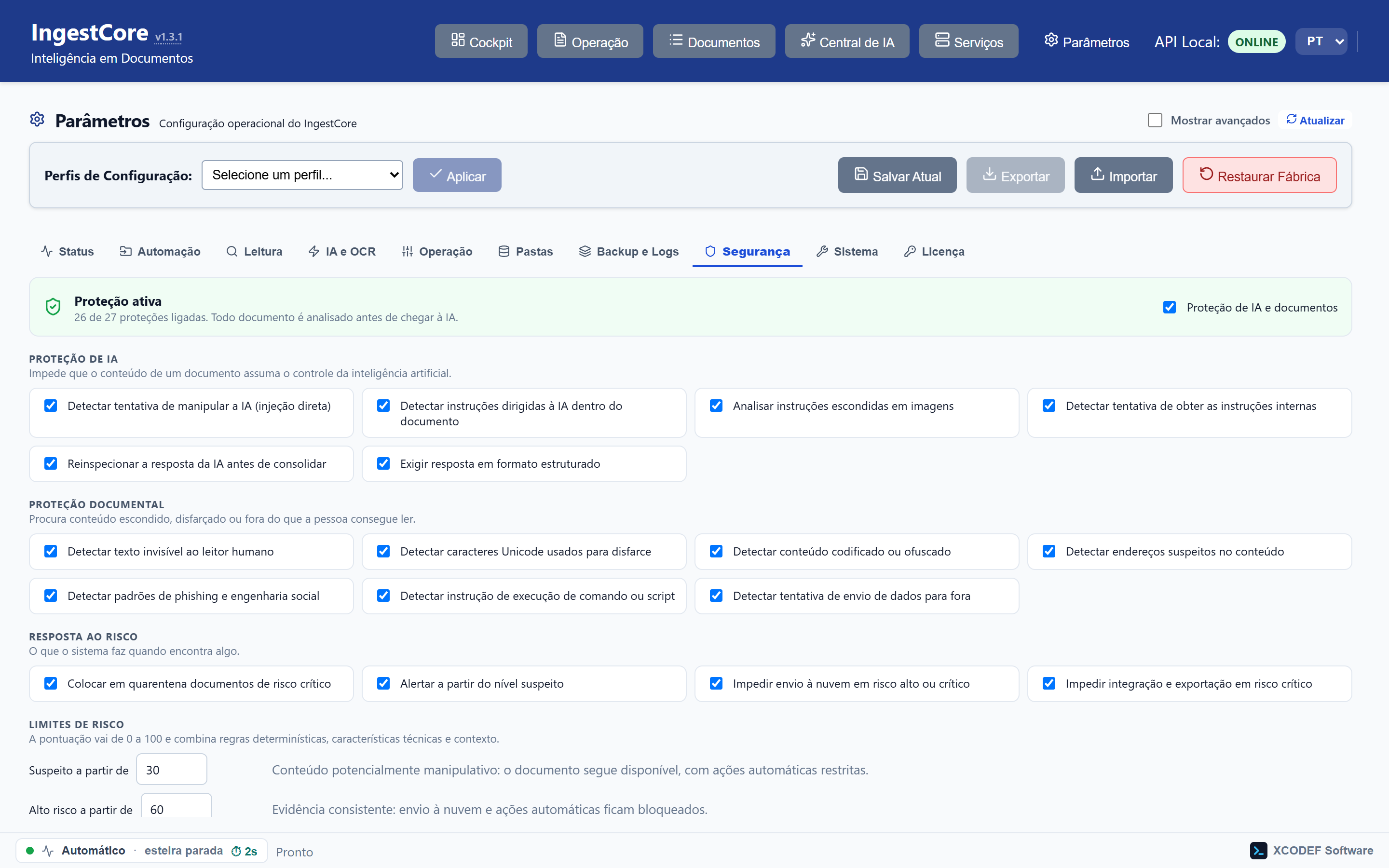 Proteções ligadas por padrão, incluindo bloqueio de URLs encontradas dentro do documento.