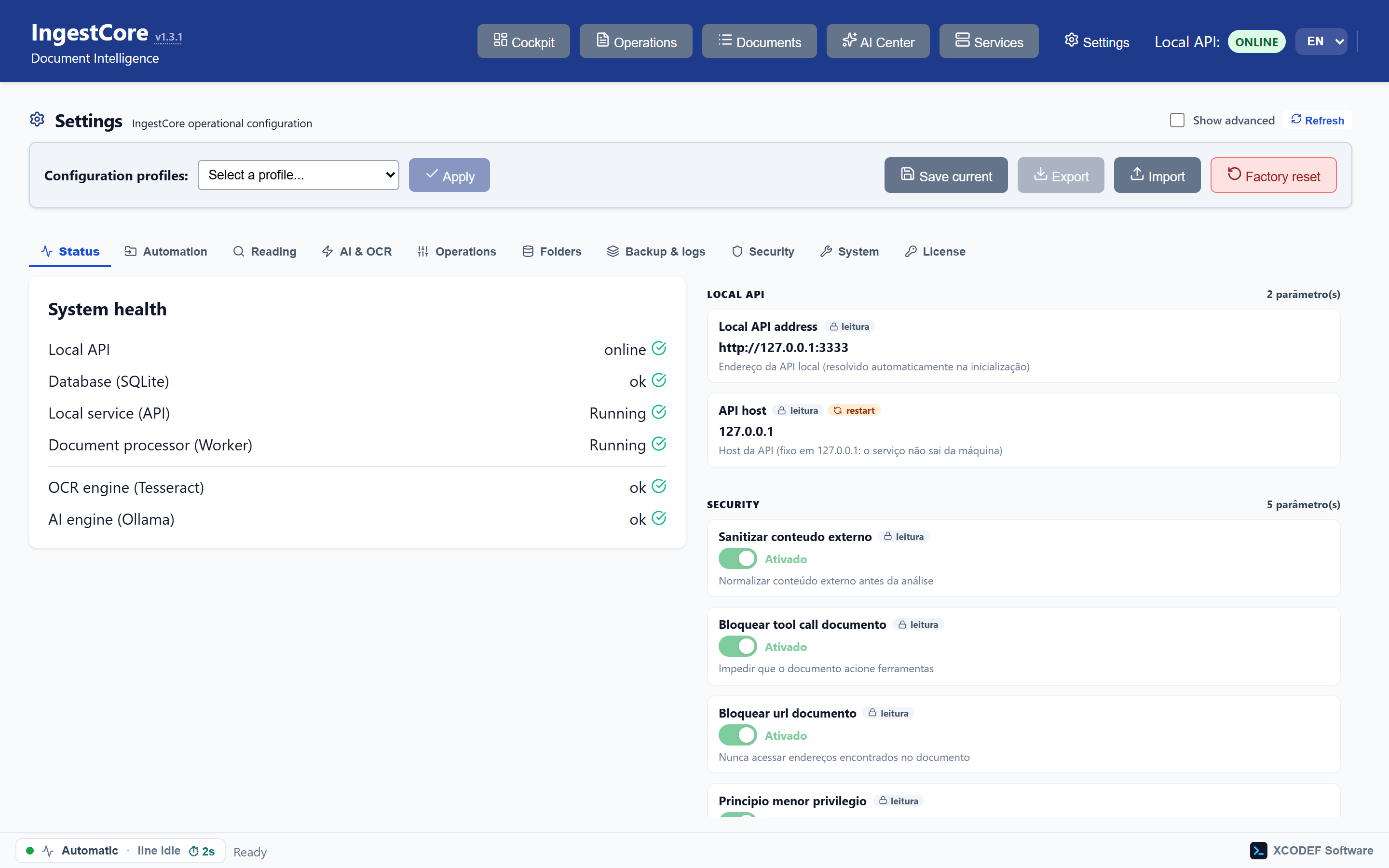 Status: real-time diagnosis of the local service, database, OCR and AI engine.